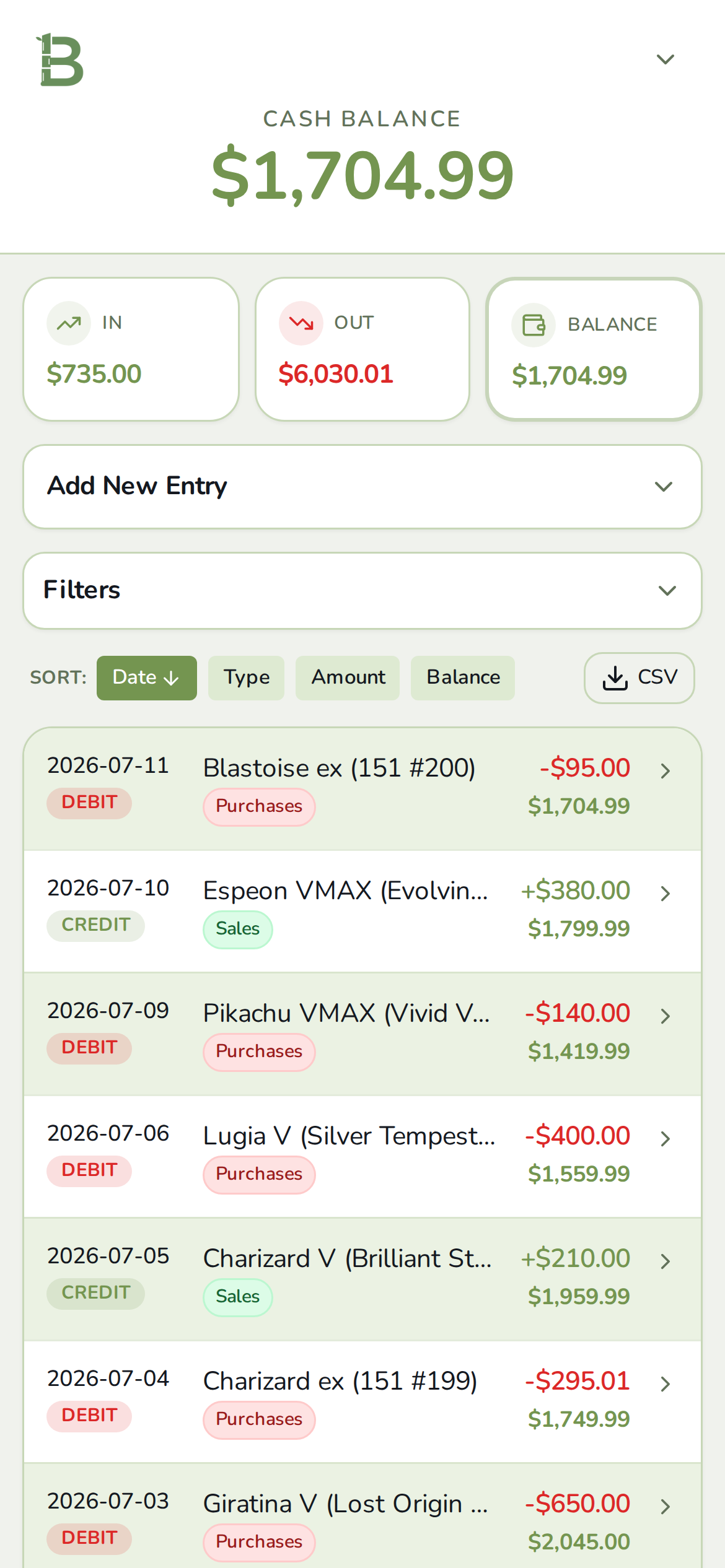 BamBook ledger showing categorized purchase and sale history